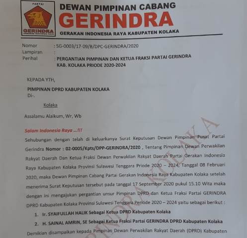 Surat DPC Gerindra Kolaka tentang usulan pergantian ketua DPRD Kolaka